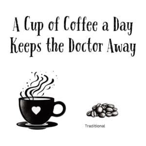 White ceramic mug with quote A Cup of Coffee a Day Keeps the Doctor Away printed in black text