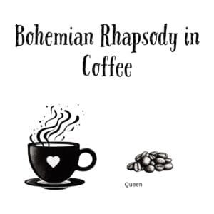 White ceramic coffee mug with "Bohemian Rhapsody in Coffee" quote printed in black text, Queen-inspired design