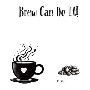 White ceramic coffee mug with "Brew Can Do It!" text in bold letters, a playful coffee pun on Rosie the Riveter's slogan