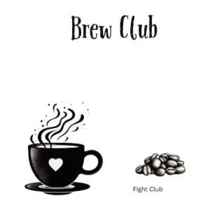 White ceramic coffee mug with "Brew Club" text, a clever Fight Club movie reference for coffee enthusiasts