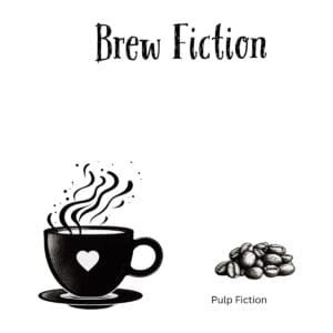White ceramic coffee mug with Brew Fiction text, a clever Pulp Fiction movie reference for coffee lovers