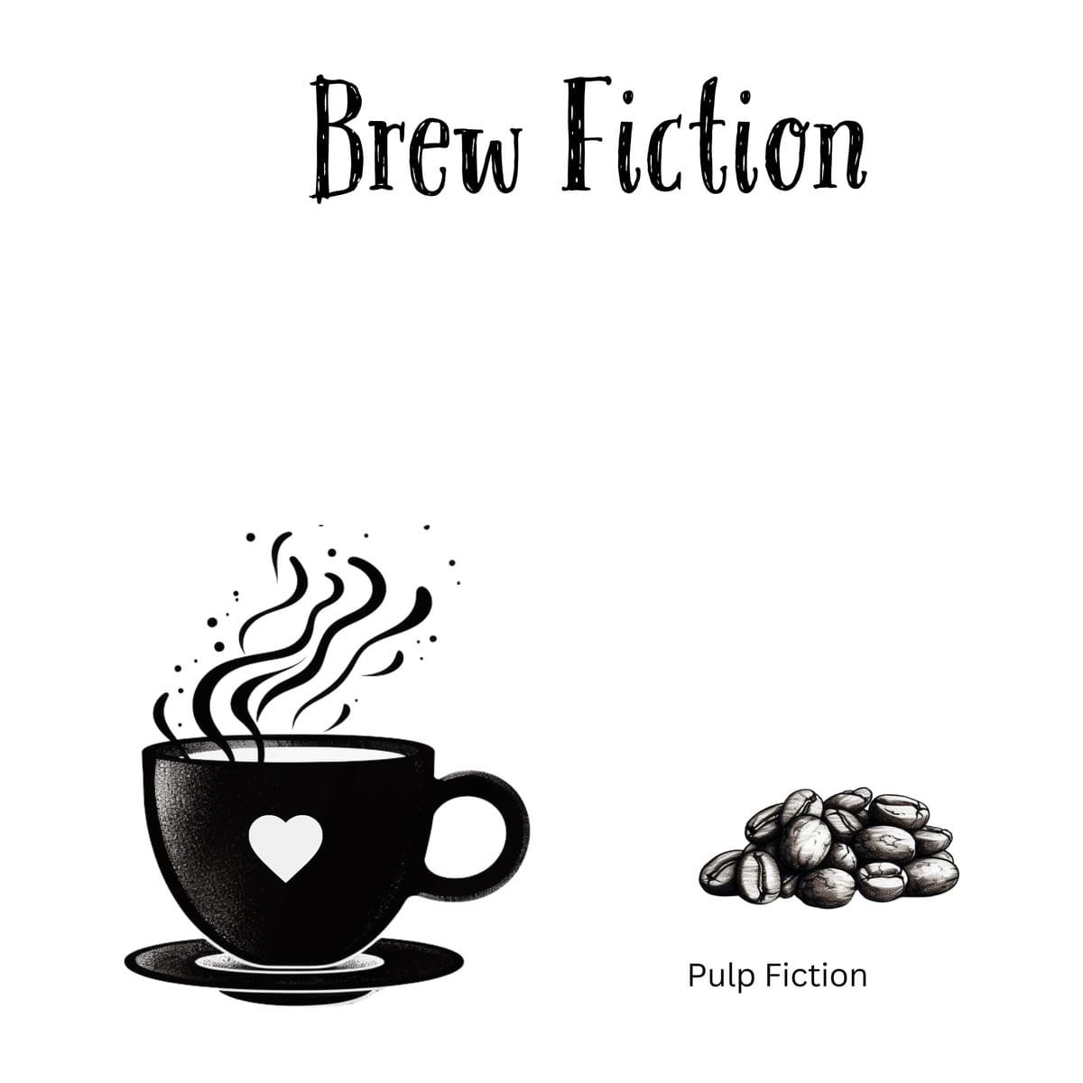 White ceramic coffee mug with Brew Fiction text, a clever Pulp Fiction movie reference for coffee lovers