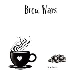 White ceramic coffee mug with "Brew Wars" text in Star Wars-inspired design for coffee lovers and movie fans