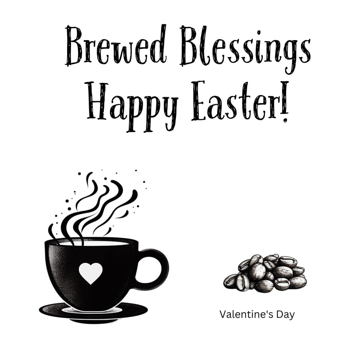 White ceramic coffee mug with "Brewed Blessings—happy Easter!" text printed in festive lettering