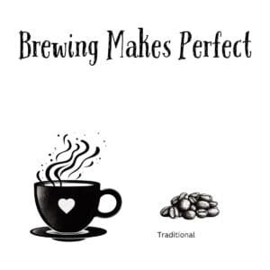 White ceramic coffee mug with "Brewing Makes Perfect" quote printed in black text