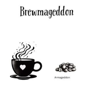 White ceramic coffee mug with Brewmageddon text in bold letters, a coffee-themed play on Armageddon