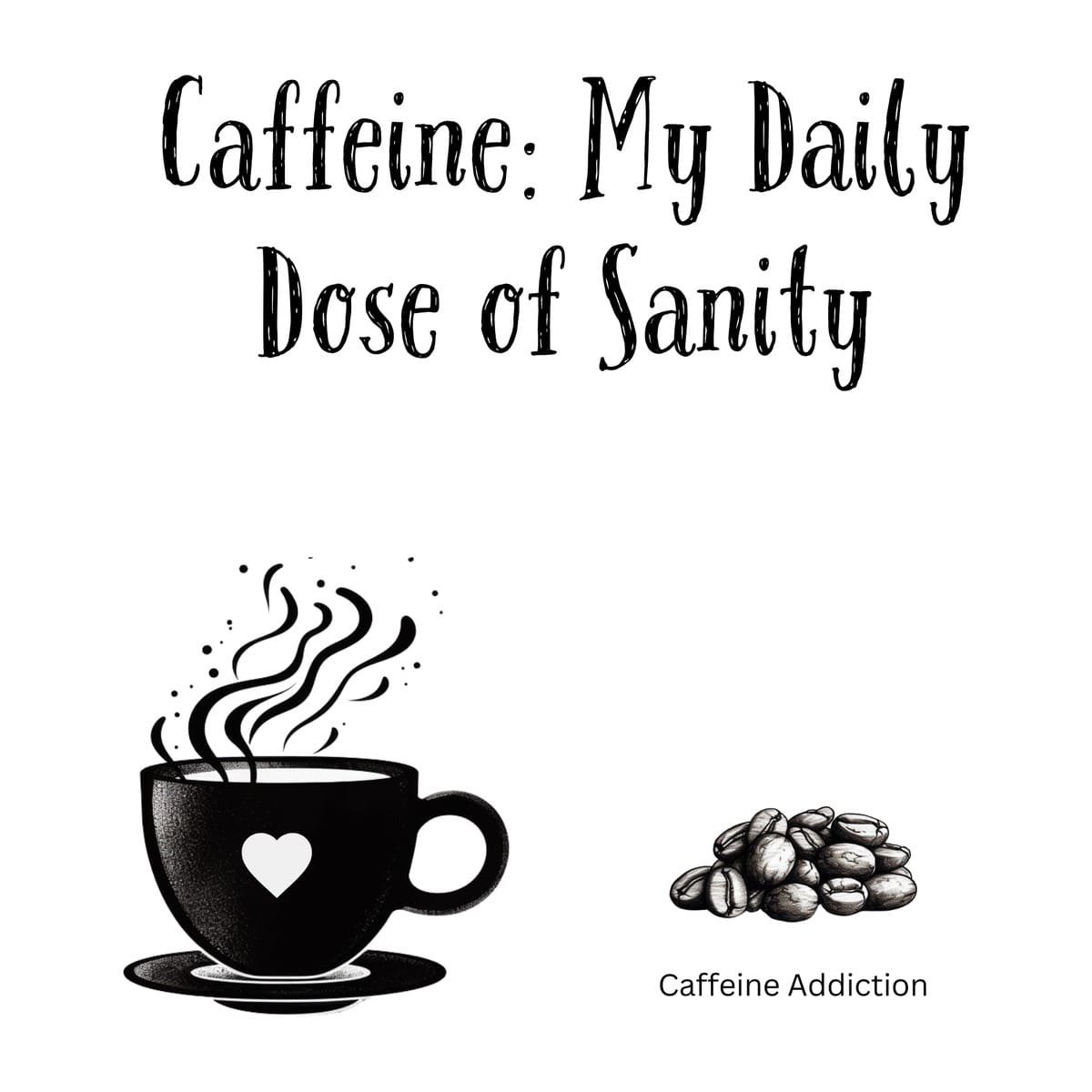 White ceramic coffee mug with black text reading Caffeine: My Daily Dose of Sanity in bold lettering