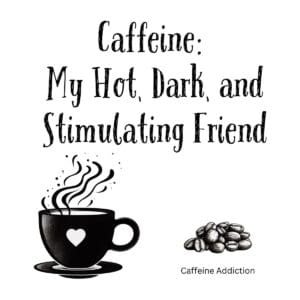 White ceramic coffee mug with quote Caffeine My Hot Dark and Stimulating Friend in black text