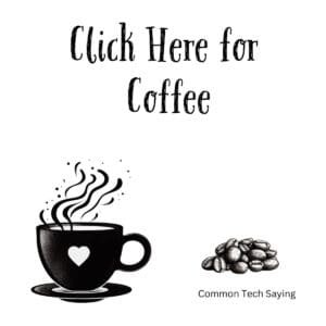 White ceramic coffee mug with black text reading Click Here for Coffee in tech-style font