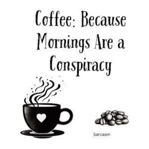 White ceramic coffee mug reading 'Coffee: Because Mornings Are a Conspiracy' with a steaming cup illustration