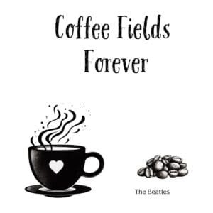 White ceramic coffee mug with Coffee Fields Forever quote, a Beatles-inspired pun on Strawberry Fields Forever