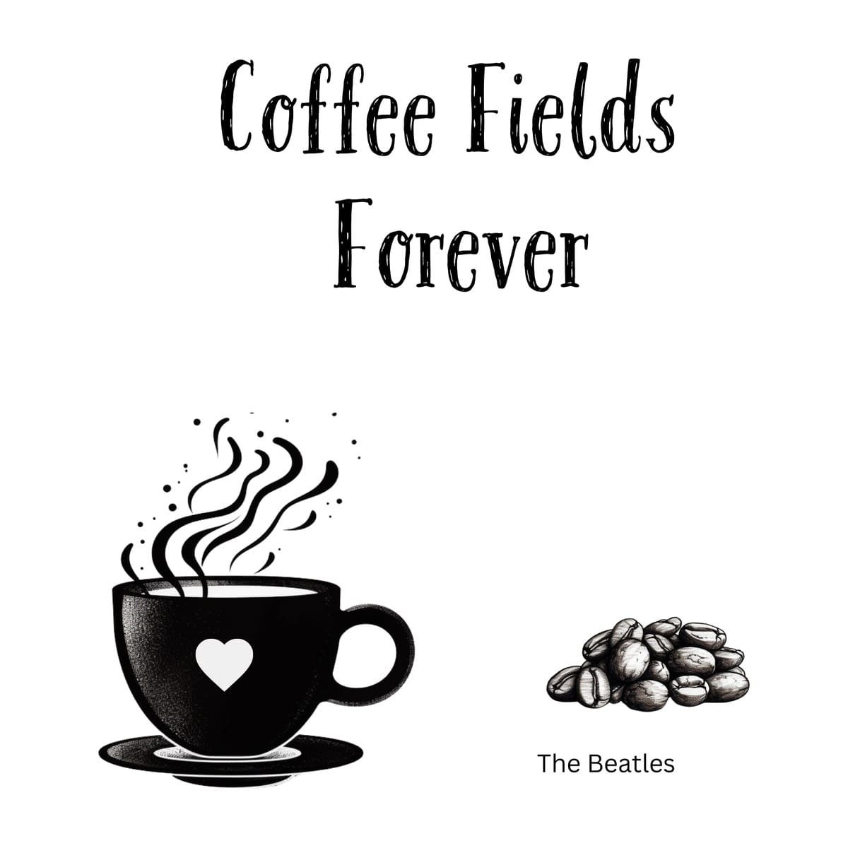 White ceramic coffee mug with Coffee Fields Forever quote, a Beatles-inspired pun on Strawberry Fields Forever