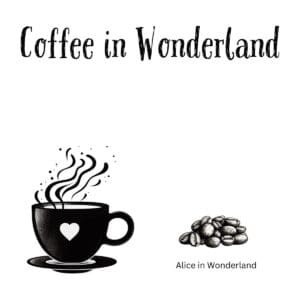 White ceramic coffee mug with Coffee in Wonderland quote printed in black text, Alice in Wonderland themed gift