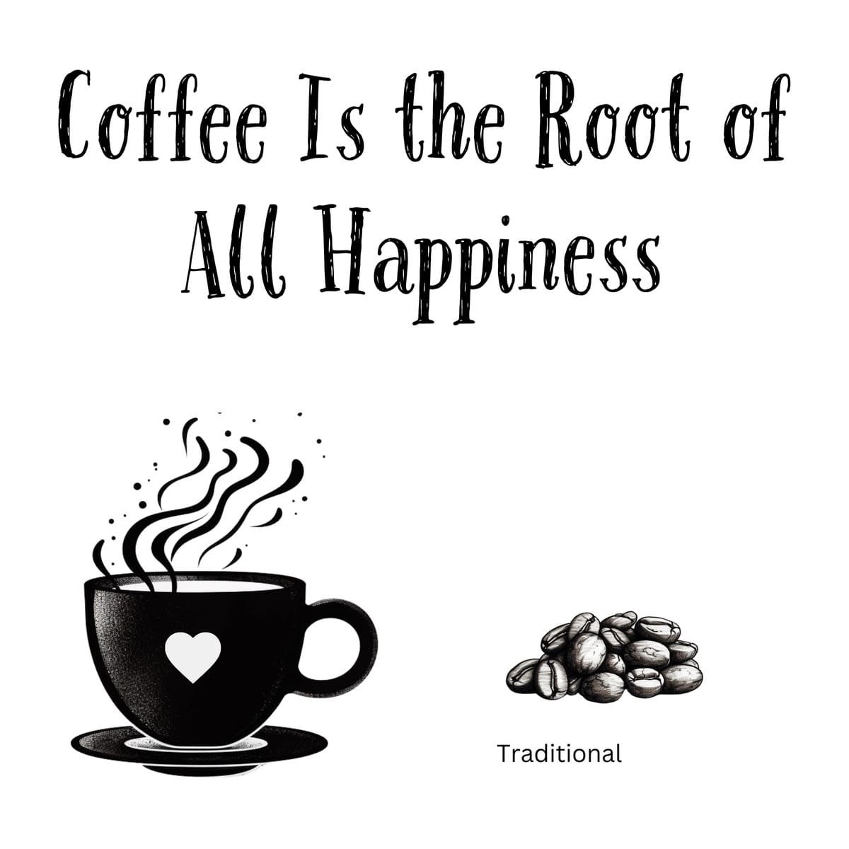 White ceramic mug with black text reading Coffee Is the Root of All Happiness, coffee lover gift