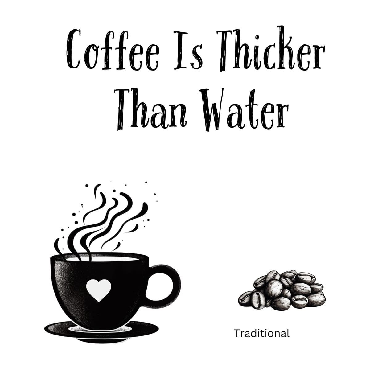White ceramic coffee mug with "Coffee Is Thicker Than Water" quote printed in black text