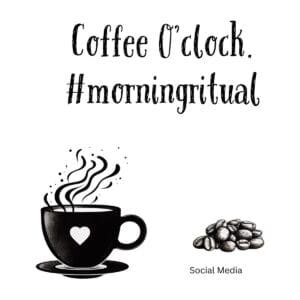 White ceramic mug with Coffee O'clock #morningritual quote in black text, funny social media inspired coffee lover gift