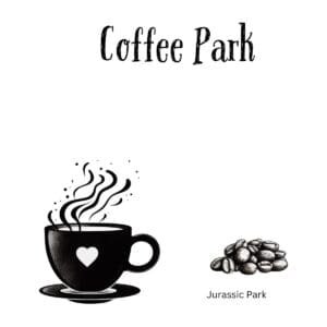 White ceramic coffee mug with Coffee Park quote in black text, clever Jurassic Park wordplay for coffee lovers