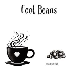 White ceramic coffee mug with 'Cool Beans' printed in bold black letters