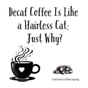 White ceramic mug with black text reading Decaf Coffee Is Like a Hairless Cat Just Why on front