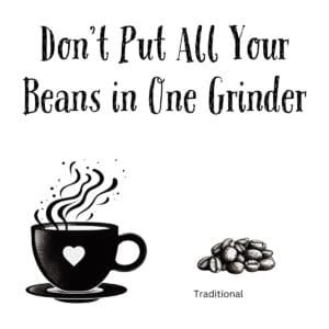 White ceramic coffee mug with black text reading Don't Put All Your Beans in One Grinder