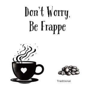 White ceramic coffee mug with Don't Worry Be Frappé quote printed in black text for coffee enthusiasts