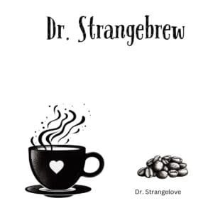White ceramic coffee mug with Dr. Strangebrew text, a witty play on the Kubrick film Dr. Strangelove