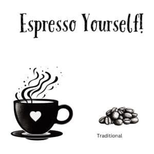 White ceramic coffee mug with Espresso Yourself printed in bold letters, funny coffee lover pun gift