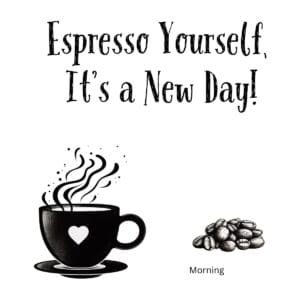 White ceramic coffee mug with black text reading Espresso Yourself, It's a New Day! in modern typography