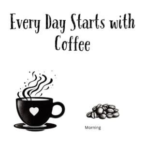 White ceramic coffee mug with black text reading Every Day Starts with Coffee for coffee lovers
