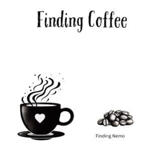 White ceramic coffee mug with Finding Coffee text in blue, a Finding Nemo movie pun for coffee lovers