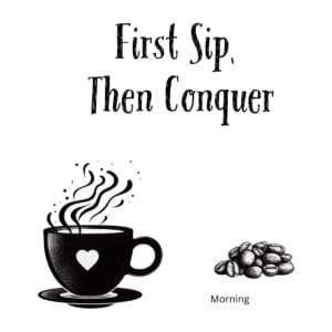 White ceramic coffee mug with black text reading First Sip Then Conquer in modern typography