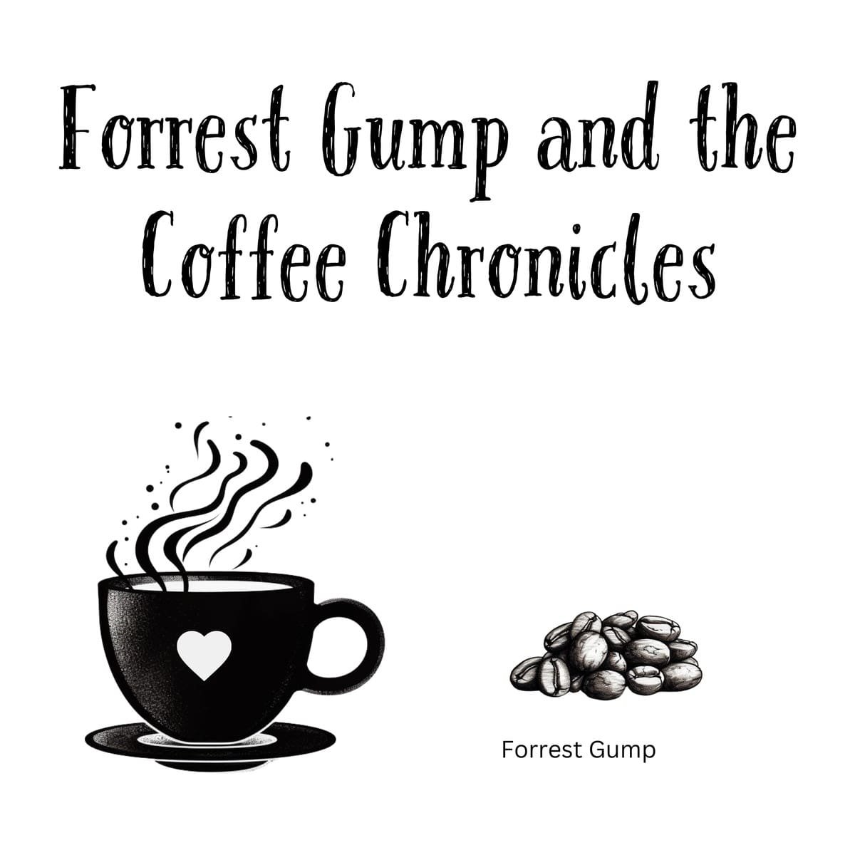 White ceramic coffee mug with quote Forrest Gump and the Coffee Chronicles printed in black text