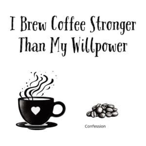 White ceramic coffee mug with quote I Brew Coffee Stronger Than My Willpower printed in black text