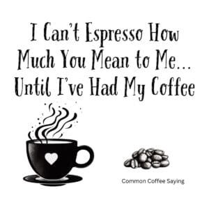 White ceramic coffee mug with quote: I Can't Espresso How Much You Mean to Me... Until I've Had My Coffee