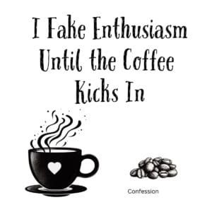 White ceramic mug with quote I Fake Enthusiasm Until the Coffee Kicks In in black text