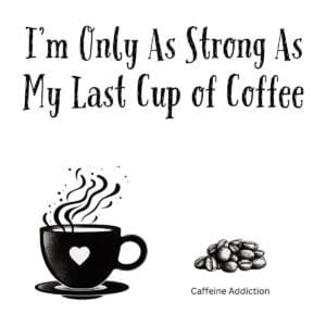 White ceramic mug with black text reading I'm Only As Strong As My Last Cup of Coffee in modern typography