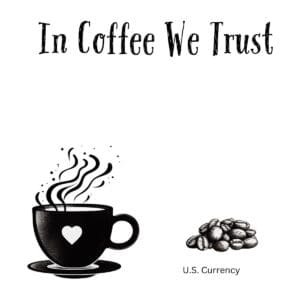 White ceramic coffee mug with black text reading In Coffee We Trust, a humorous play on U.S. currency motto