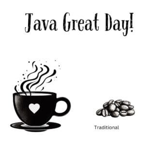 White ceramic coffee mug with Java Great Day printed in black text, coffee pun on have a great day saying