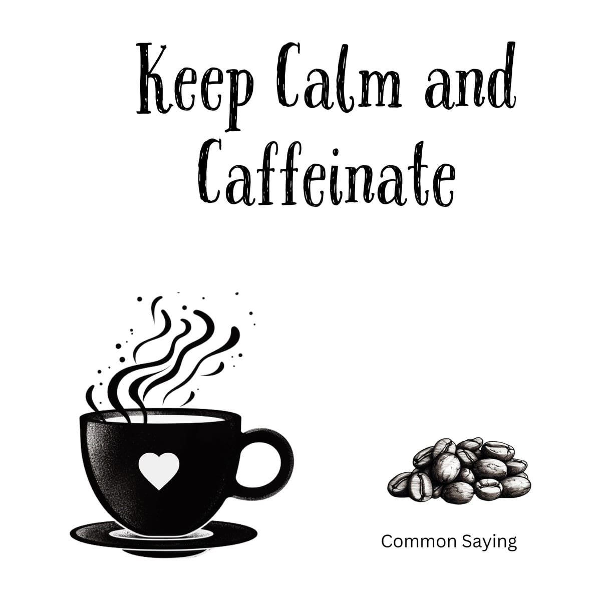 White ceramic coffee mug with Keep Calm and Caffeinate quote in classic poster style lettering