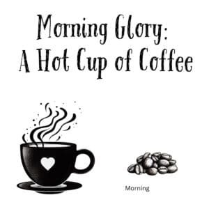 White ceramic mug with quote Morning Glory: a Hot Cup of Coffee printed in black text