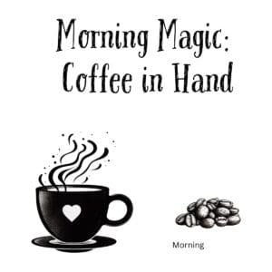 White ceramic coffee mug with black text reading Morning Magic: Coffee in Hand