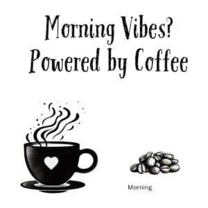 White ceramic coffee mug with quote Morning Vibes? Powered by Coffee printed in bold text