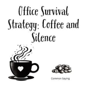 White ceramic coffee mug with black text reading Office Survival Strategy: Coffee and Silence