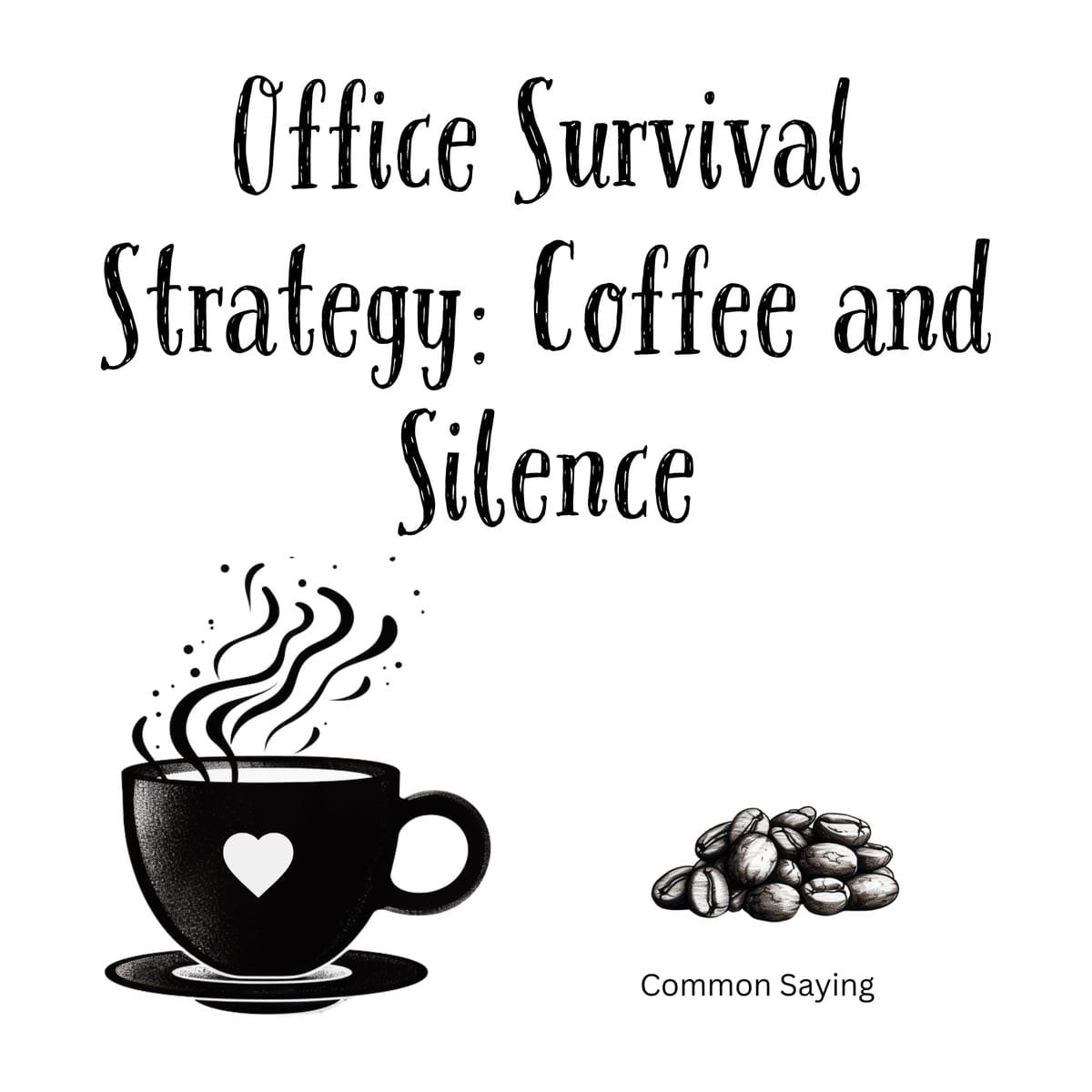 White ceramic coffee mug with black text reading Office Survival Strategy: Coffee and Silence