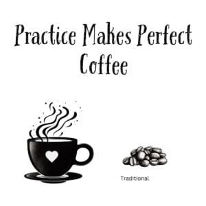 White ceramic mug with "Practice Makes Perfect Coffee" quote in black text, coffee lover gift
