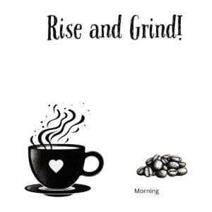 White ceramic coffee mug with "Rise and Grind!" quote in bold text, perfect for morning coffee lovers