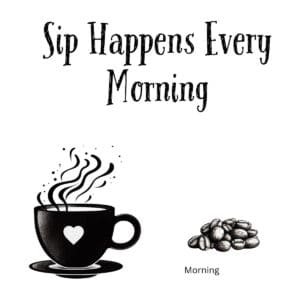 White ceramic coffee mug with black text reading Sip Happens Every Morning in modern sans-serif font