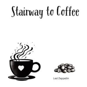White ceramic coffee mug with Stairway to Coffee quote, a Led Zeppelin song title parody for coffee lovers