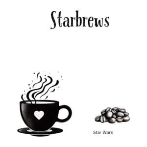 White ceramic coffee mug with "Starbrews" text, a Star Wars themed pun for coffee lovers