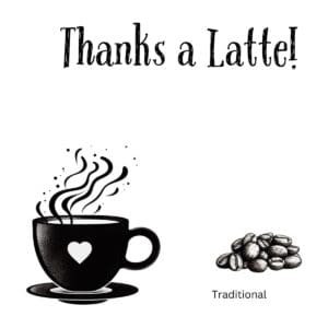 White ceramic coffee mug with "Thanks a Latte!" printed in brown text, coffee pun quote mug for expressing gratitude